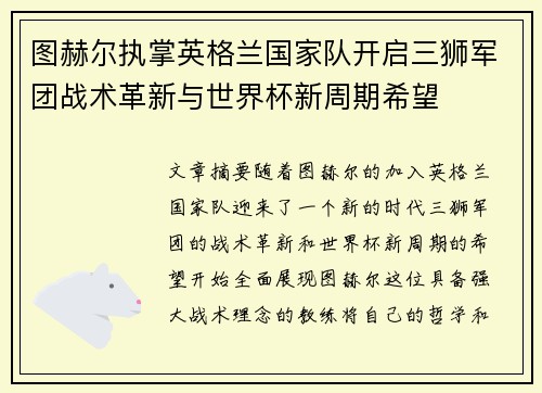 图赫尔执掌英格兰国家队开启三狮军团战术革新与世界杯新周期希望